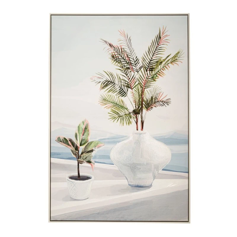 OIL PAINTING ON TOP OF PRINTED CANVAS WITH WHITE VASES AND GREEN FLOWERS WITH WHITE FRAME 82.5Χ4.5Χ122.5CM