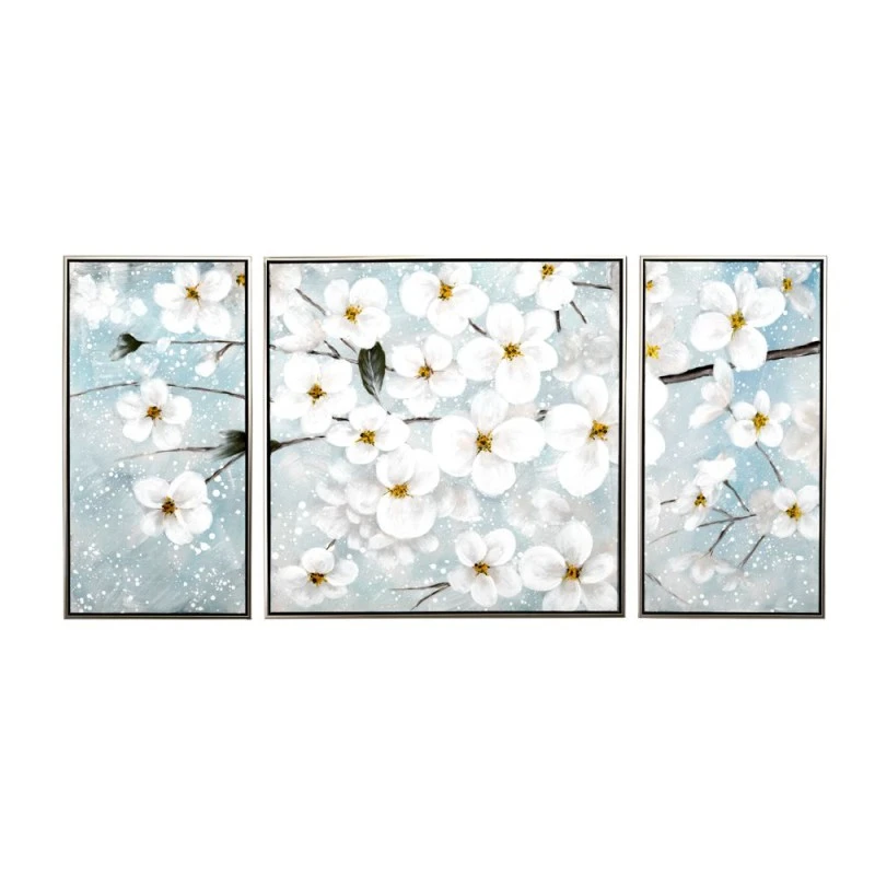 OIL PAINTING ON TOP OF PRINTED CANVAS SET 3 WITH DAISY AND SILVER FRAME 150Χ4.5Χ72.5CM