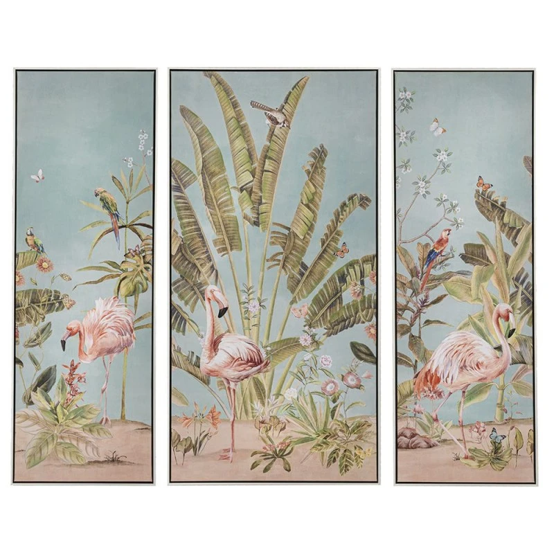 OIL PAINTING ON TOP OF PRINTED CANVAS SET 3 WITH FLAMINGO 42Χ122+62Χ122+42Χ122 CM WITH SILVER FRAME