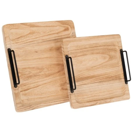 SET 2 WOODEN TRAY IN NATURAL COLOR WITH BLACK METAL HANDLES 30X30X4,5  25X25X4,5CM