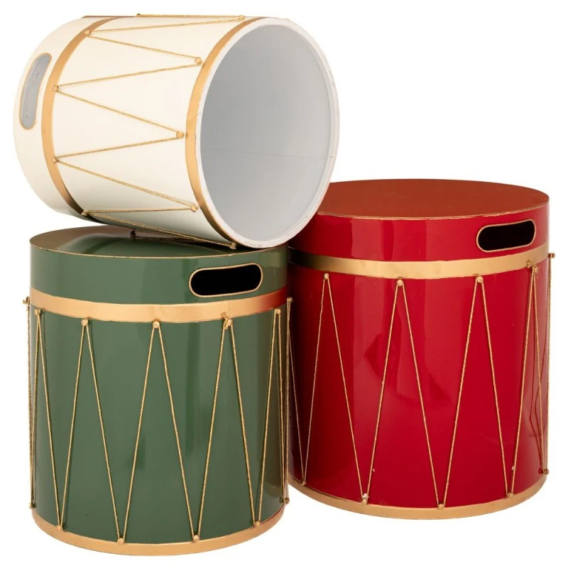 XMAS SET 3 RED GREEN WHITE METAL BOX WITH DRUM DESIGN  45Χ45Χ44.5CM 40Χ40Χ40.5CM 34Χ34Χ36CM