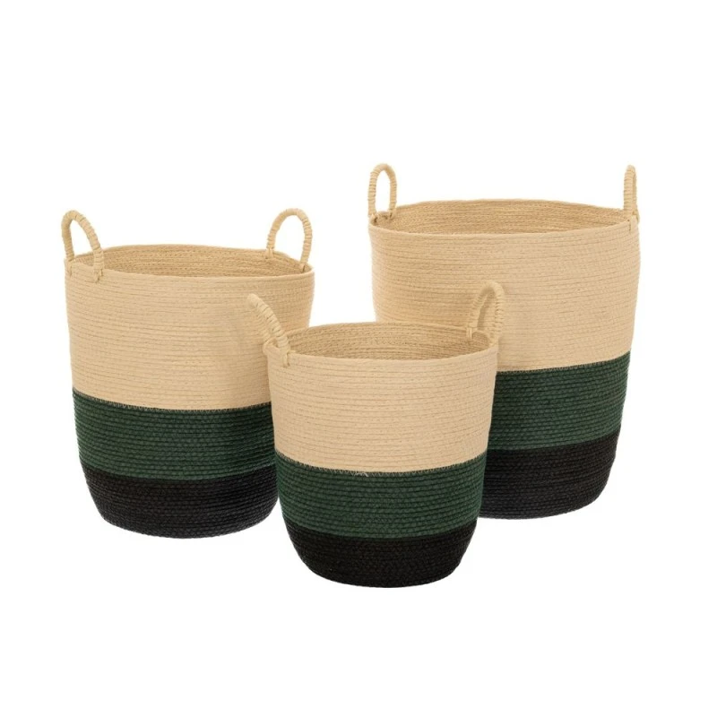 SET 3 PAPER ROPE BASKET GREEN BLACK 40X45 35X38 30X31CM