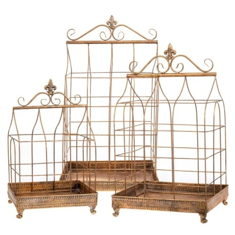 SET 3 DECO GOLD METAL BIRD CAGE 37X37X68  32,5X32,5X57  27X27X46CM