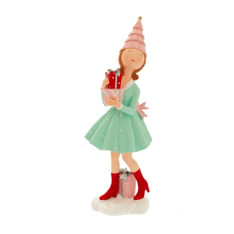 MINT GREEN RESIN GIRL HOLDING GIFT 14X11X37CM