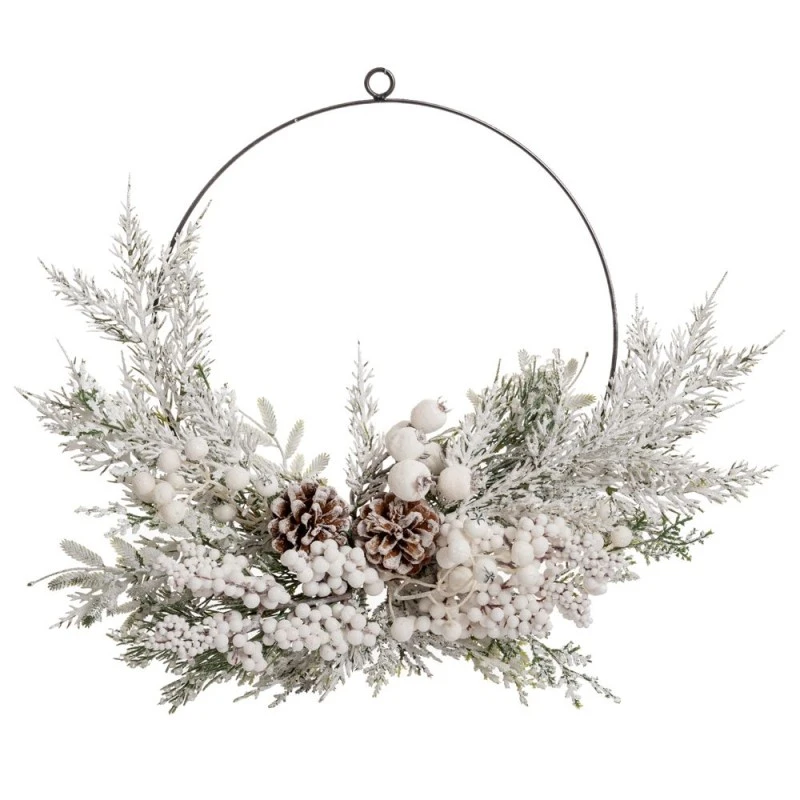 SNOWY WREATH WITH WHITE BERRIES AND PINE CONES 30CM