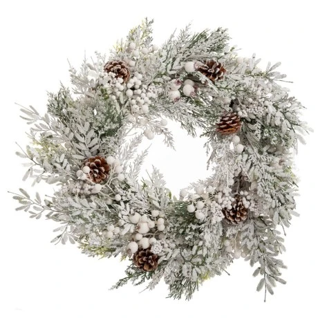 SNOWY WREATH WITH WHITE BERRIES AND PINE CONES 55CM