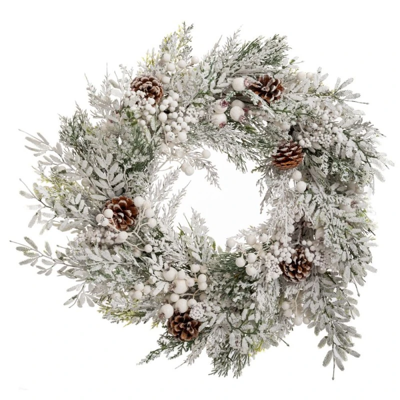 SNOWY WREATH WITH WHITE BERRIES AND PINE CONES 55CM