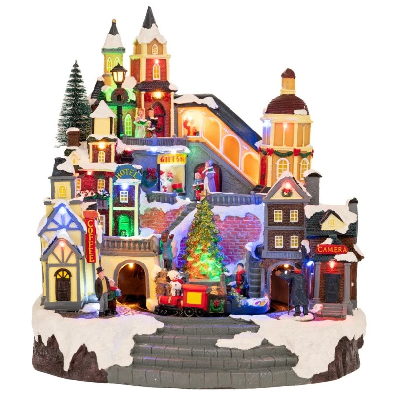 XMAS LIGHTED VILLAGE WITH ANIMATED TRAIN INCLUDING  ADAPTOR 35X33,5X38CM