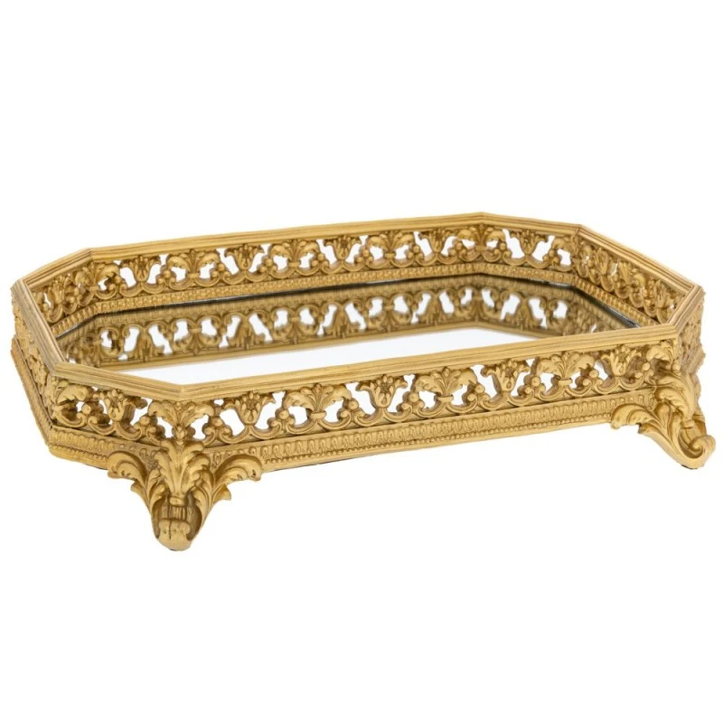 DECO GOLD RESIN TRAY WITH MIRROR AND LEGS 41X32X8CM