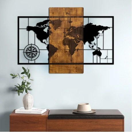 World Map Megapap wooden - metal wall art in walnut - black color 85x3x58cm.