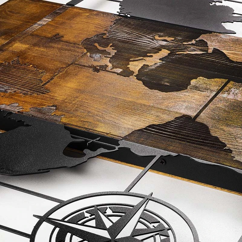 World Map Megapap wooden - metal wall art in walnut - black color 85x3x58cm.