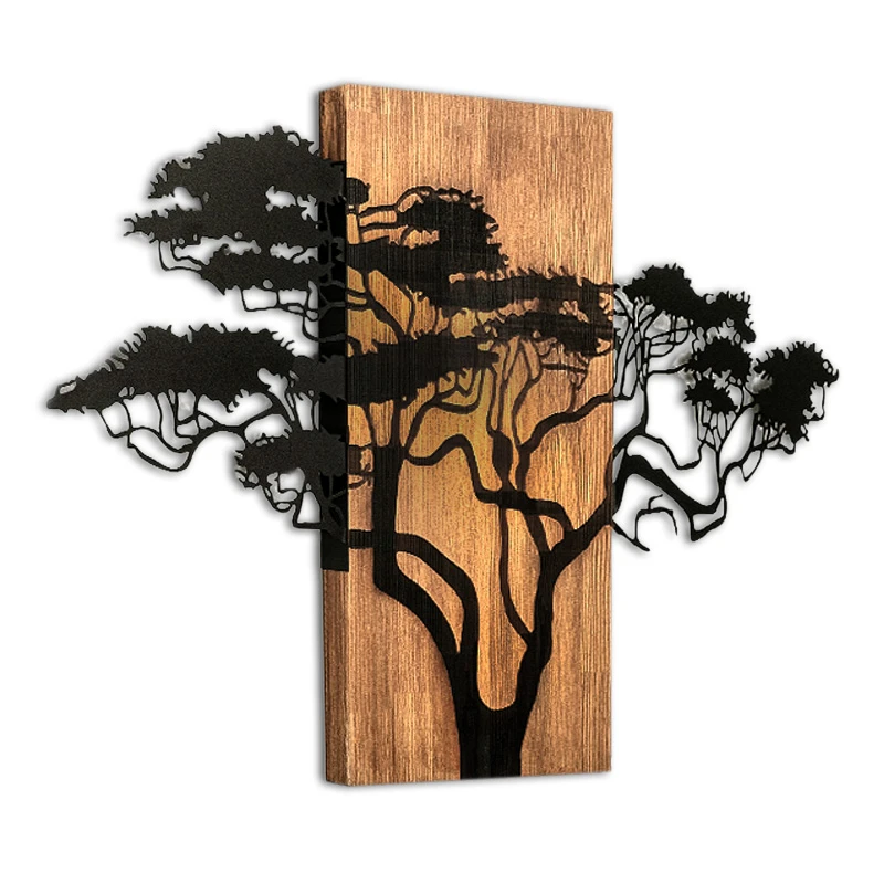 Acacia Tree Megapap wooden - metal wall art in walnut - black color 90x3x58cm.