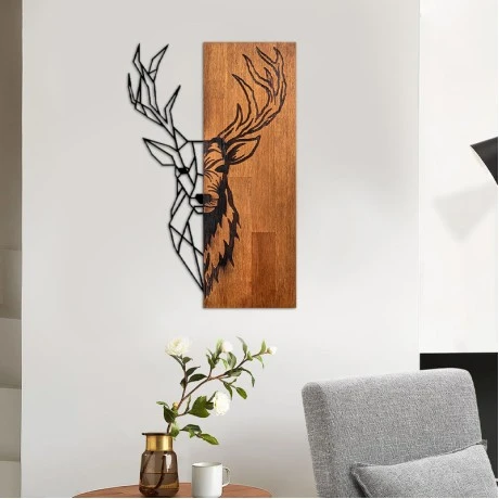 Διακοσμητικό τοίχου Deer Megapap ξύλινο - μεταλλικό χρώμα καρυδί - μαύρο 36x3x58εκ.