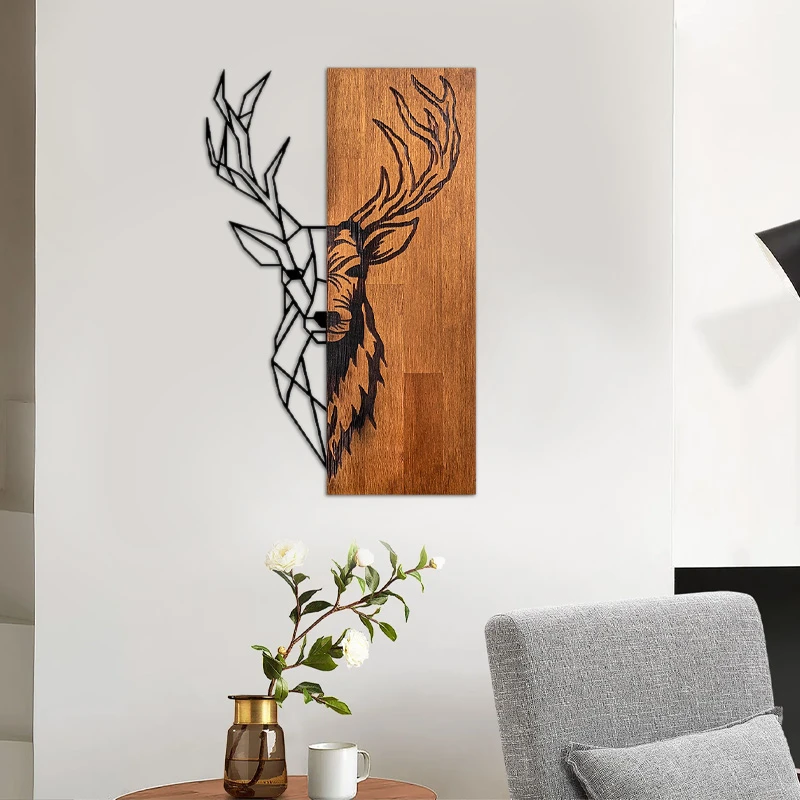 Deer Megapap wooden - metal wall art in walnut - black color 36x3x58cm.