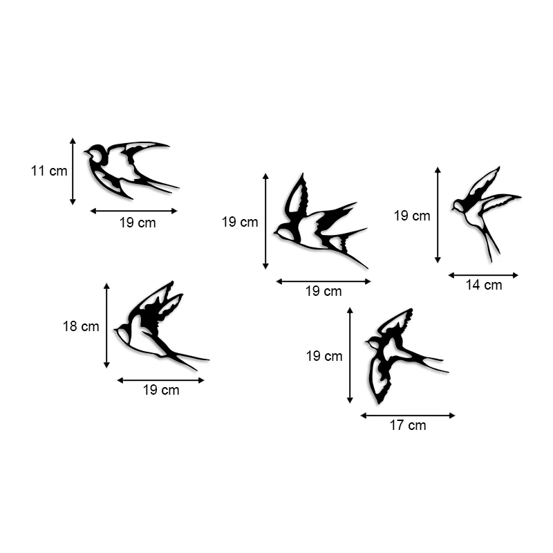 Swallows Megapap 5 metal art pieces in black color 19x19cm.