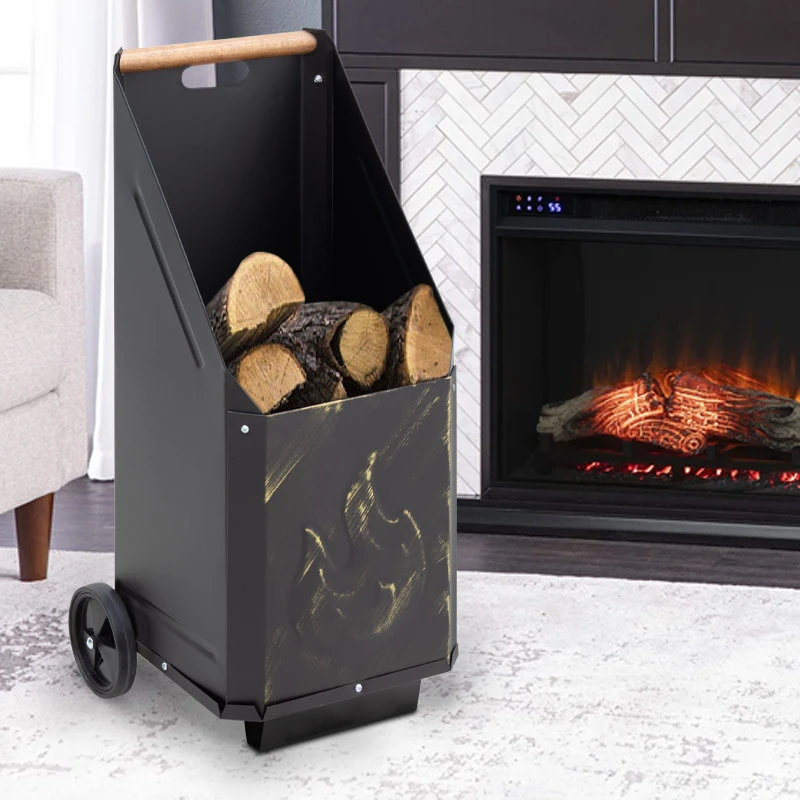 Wood trolley No3 metal in black color with gold details 38x38x91cm
