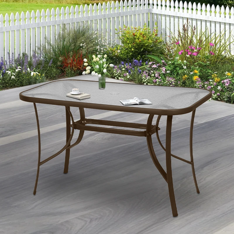 Metallic garden table with tempered glass in brown color 120x70x72cm.