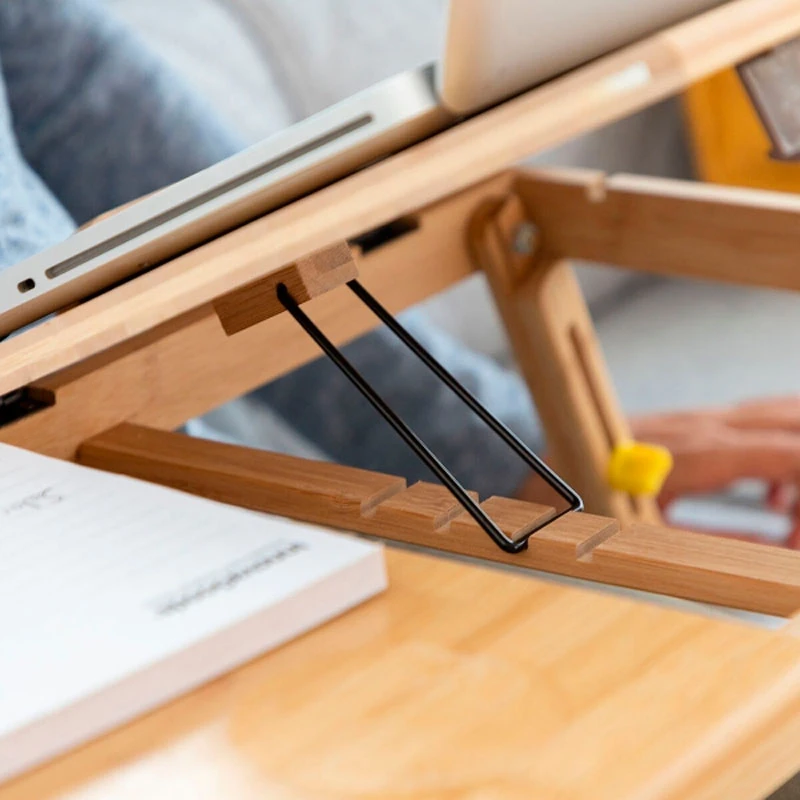 Side table for laptop foldable from bamboo natural color 53,5x34x21-27cm.