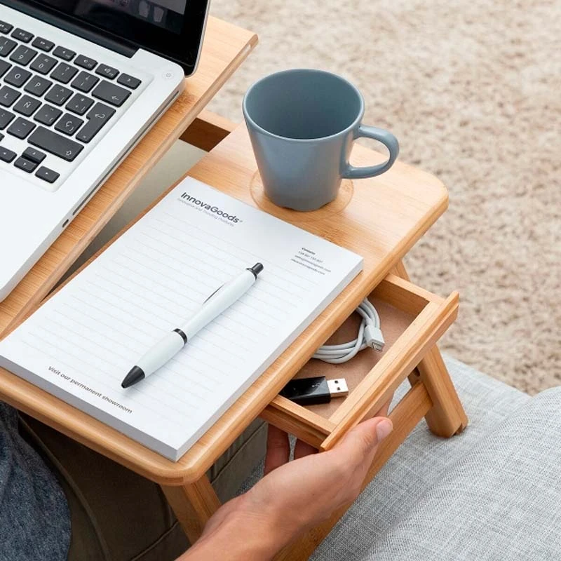 Side table for laptop foldable from bamboo natural color 53,5x34x21-27cm.