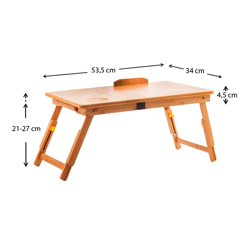 Side table for laptop foldable from bamboo natural color 53,5x34x21-27cm.