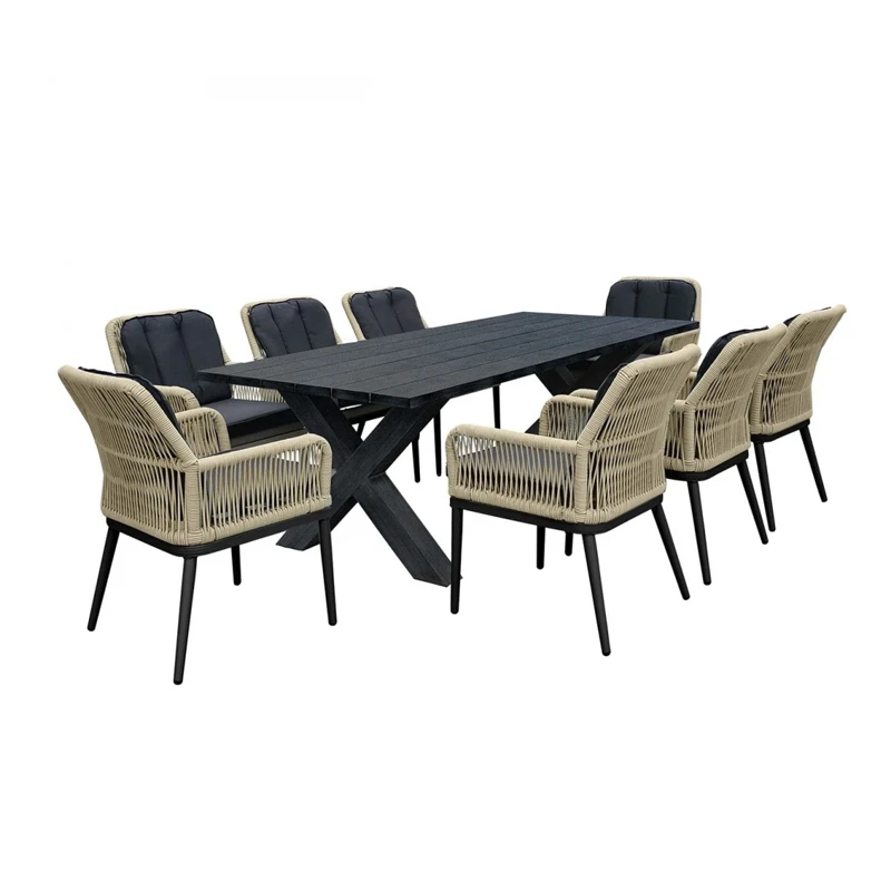 ALLEY Set Alu Table 220x94+8 Armchairs Anthracite/Wicker Natural