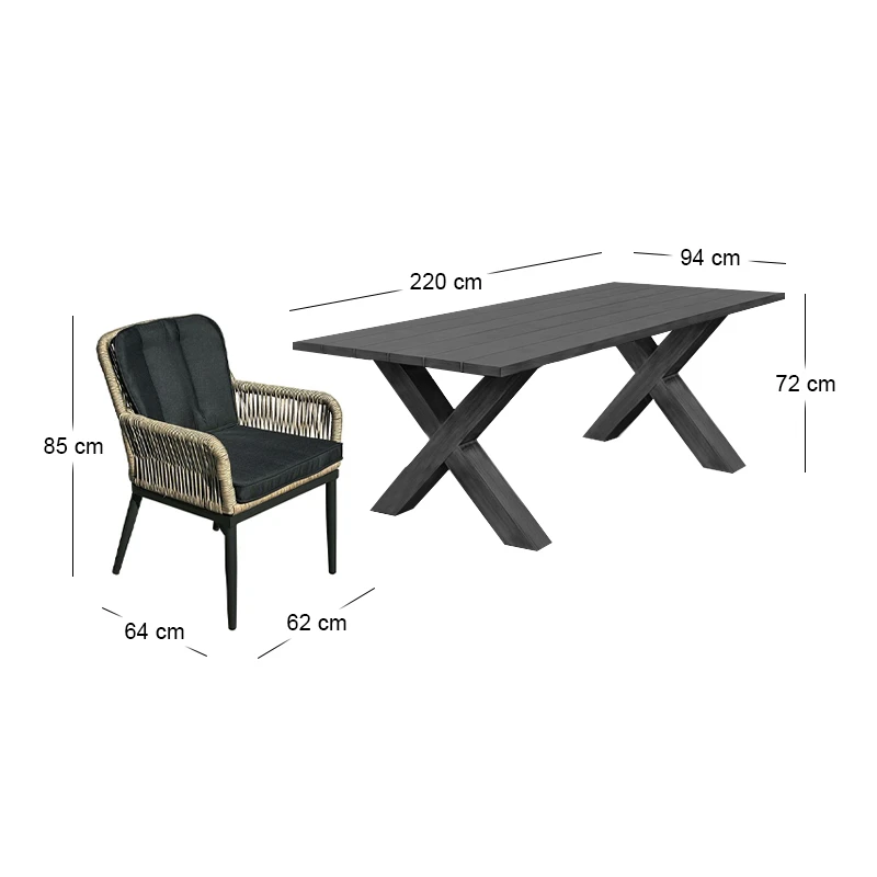 ALLEY Set Alu Table 220x94+8 Armchairs Anthracite/Wicker Natural