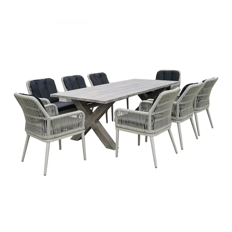 ALLEY Set Τραπεζαρία Κήπου ALU & Rope Grey-Μαξιλ.Ανθρακί: Τραπέζι 220x94 + 8 Πολυθρόνες