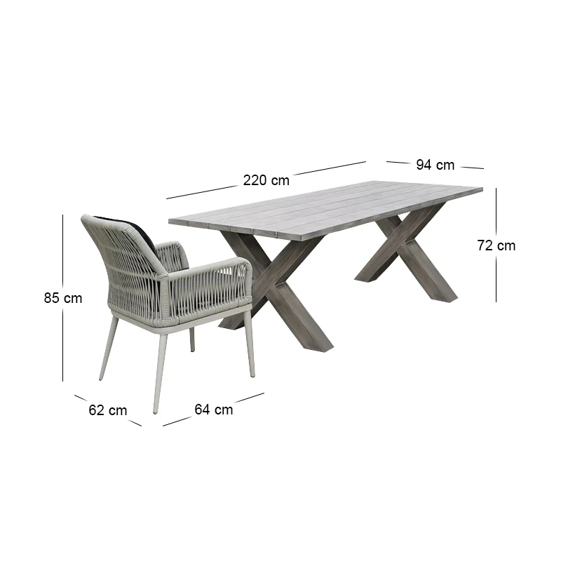 ALLEY Set Τραπεζαρία Κήπου ALU & Rope Grey-Μαξιλ.Ανθρακί: Τραπέζι 220x94 + 8 Πολυθρόνες