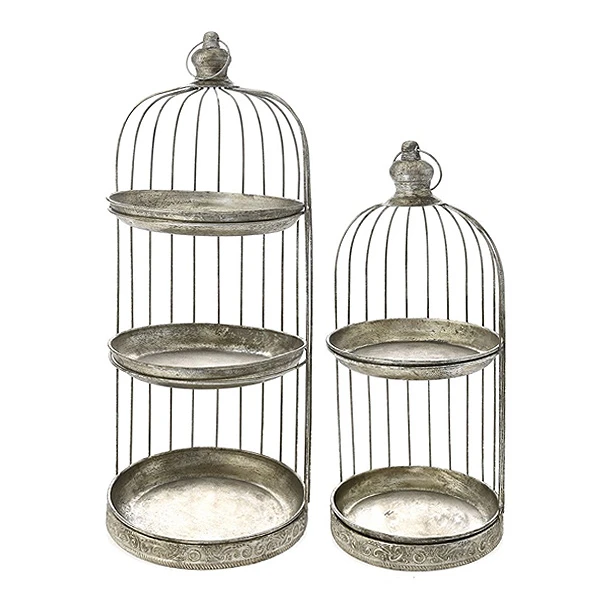 ANTIQUE GOLD METAL BIRD CAGE CAKE STAND SET 2  26X26X65  21X21X47CM