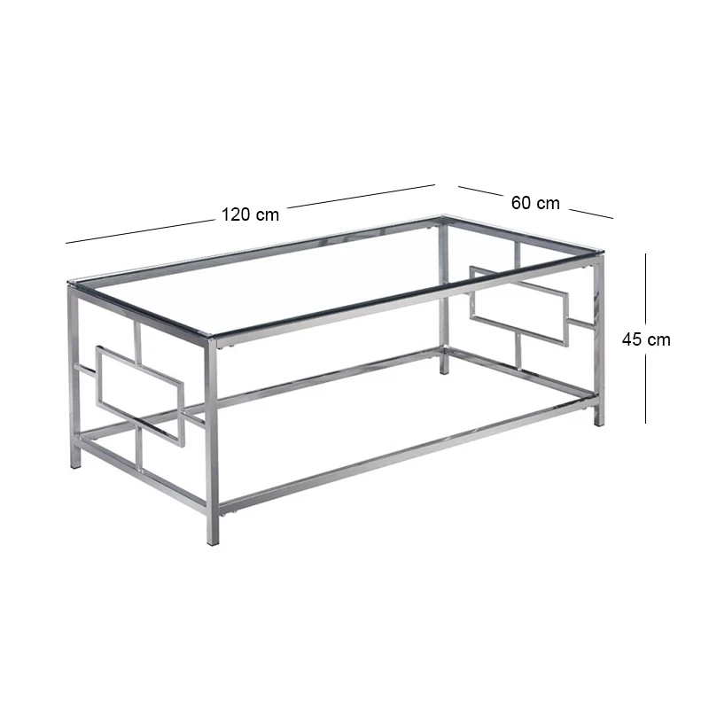 SILVER STAINLESS STEEL COFFEE TABLE 120X60X45 CM WITH CLEAR GLASS TOP