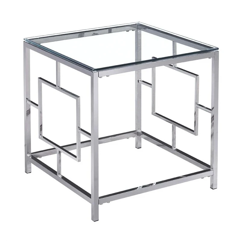 SILVER STAINLESS STEEL SIDE TABLE 55X55X55 CM WITH CLEAR GLASS TOP