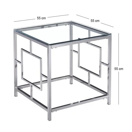 SILVER STAINLESS STEEL SIDE TABLE 55X55X55 CM WITH CLEAR GLASS TOP