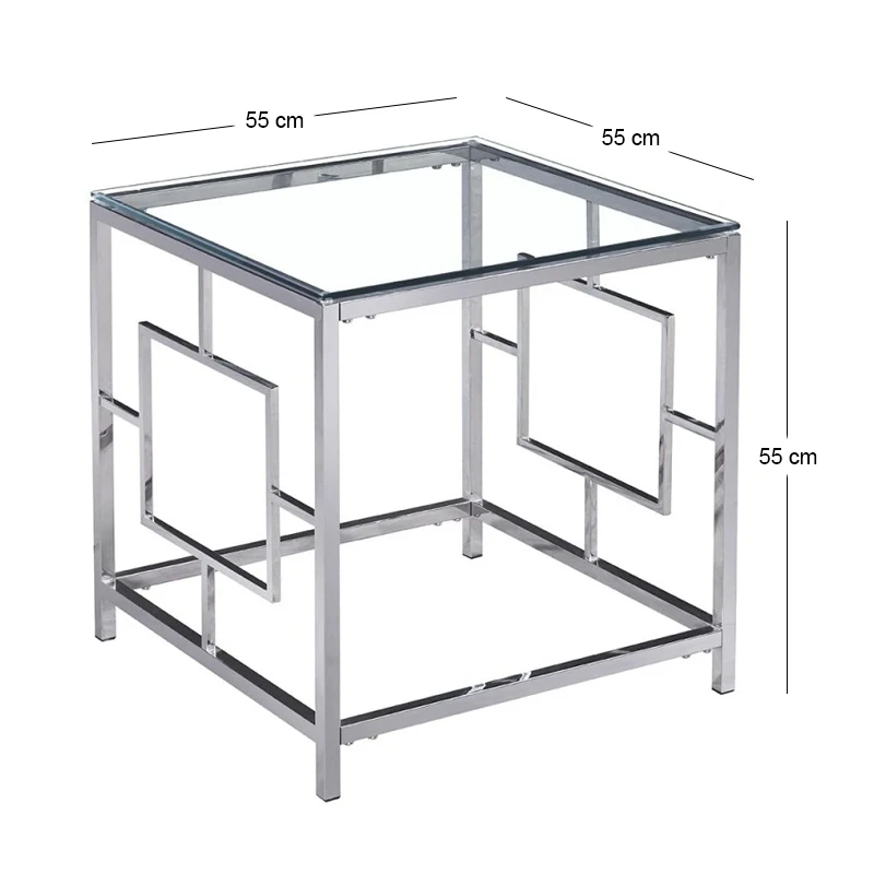 SILVER STAINLESS STEEL SIDE TABLE 55X55X55 CM WITH CLEAR GLASS TOP