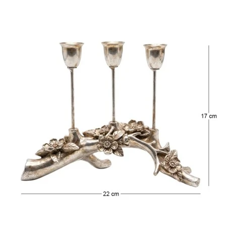 SILVER 3 ARM RESIN CANDLEHOLDER WITH EMBOSSED LEAVES 22X7X17CM