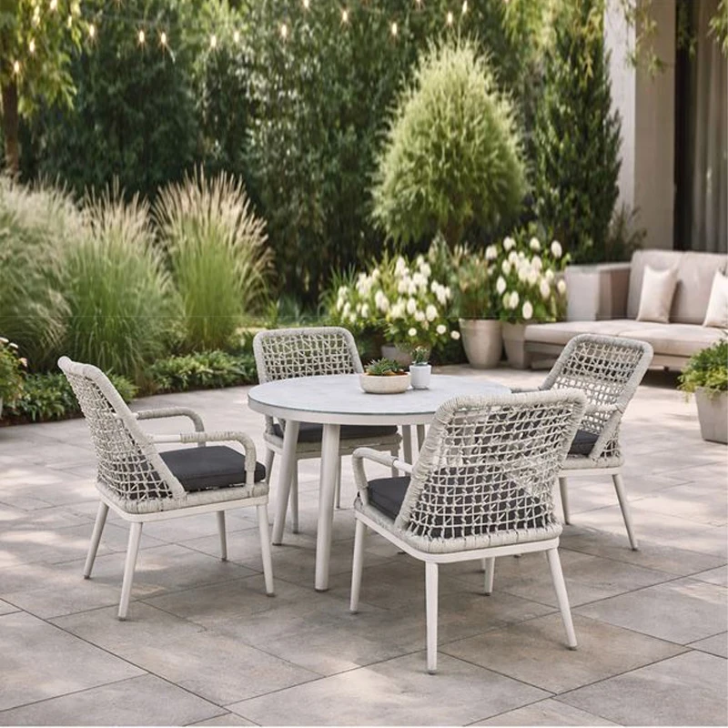 CENTRAL Set Τραπεζαρία Κήπου ALU & Rope Grey-Μαξιλ.Ανθρακί: Τραπέζι Φ100cm + 4 Πολυθρόνες