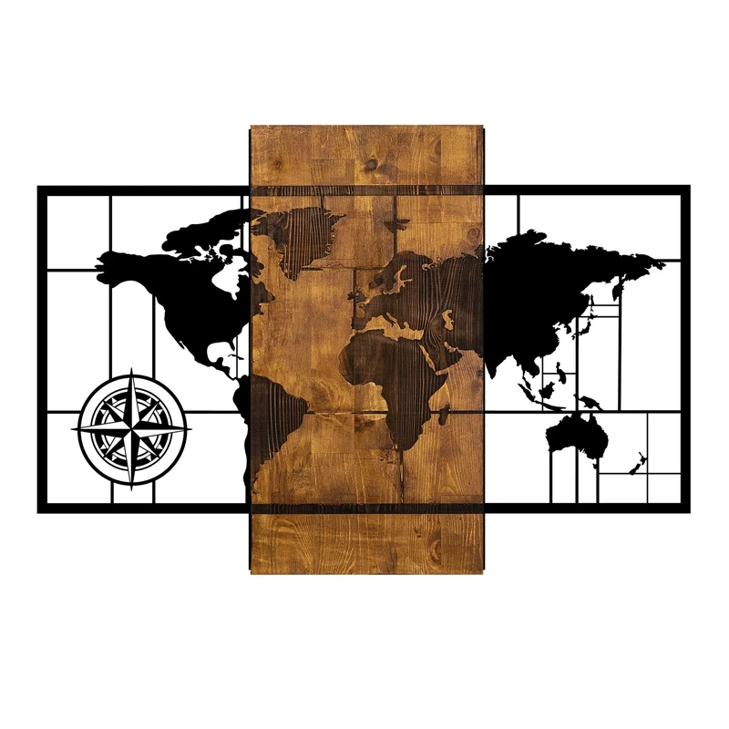 World Map Megapap wooden - metal wall art in walnut - black color 85x3x58cm.