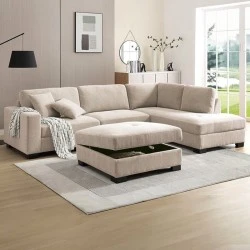 DORNO Right Facing Corner Sofa with Storage Ottoman, Fabric Beige DORNO Right Facing Corner Sofa with Storage Ottoman, Fabric Beige