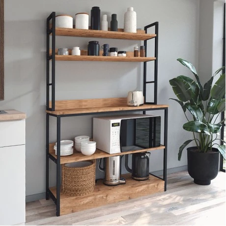 Foyer Megapap metallic floor shelf unit in black - pine oak color 101x36x160,7cm.