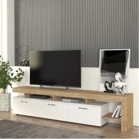 Έπιπλο τηλεόρασης Acnes Megapap χρώμα λευκό - sapphire oak 220x40x52εκ.