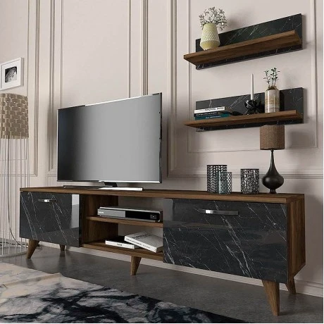 Colin Megapap melamine tv stand in walnut - black marble effect color 150x29.5x40,6cm.