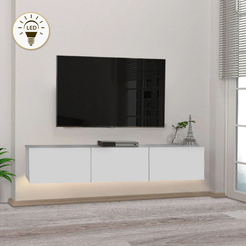 Έπιπλο τηλεόρασης επιτοίχιο Damla Megapap με LED χρώμα λευκό 180x29,5x29,5εκ.