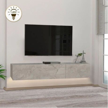 Έπιπλο τηλεόρασης επιτοίχιο Damla Megapap με LED χρώμα λευκό εφέ μαρμάρου 180x29,5x29,5εκ.