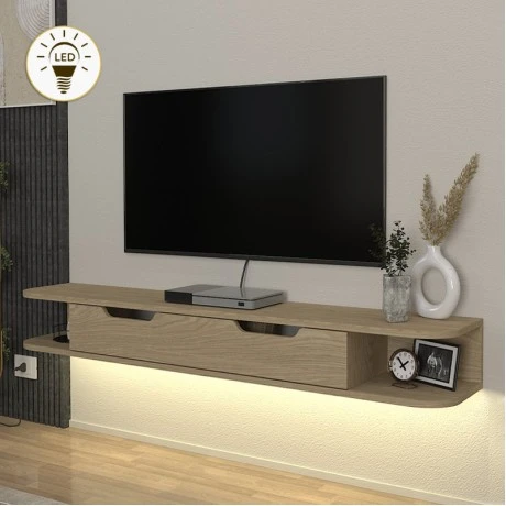 Noland Megapap  melamine wall TV stand with LED lighting in rota oak color 150x35x19.2cm.
