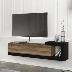 Volare Megapap melamine wall TV cabinet in walnut - black color 150x29,6x38,6cm. Volare Megapap melamine wall TV cabinet in walnut - black color 150x29,6x38,6cm.