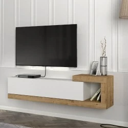 Volare Megapap melamine wall TV cabinet in white - sapphire oak color 150x29,6x38,6cm. Volare Megapap melamine wall TV cabinet in white - sapphire oak color 150x29,6x38,6cm.