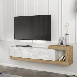 Volare Megapap melamine wall TV cabinet in white marble - sapphire oak color 150x29,6x38,6cm. Volare Megapap melamine wall TV cabinet in white marble - sapphire oak color 150x29,6x38,6cm.