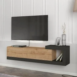 Volare Megapap melamine wall TV cabinet in sapphire oak - anthracite color 150x29,6x38,6cm. Volare Megapap melamine wall TV cabinet in sapphire oak - anthracite color 150x29,6x38,6cm.