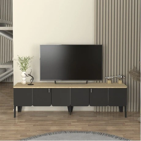 Pedro Megapap melamine tv stand in anthracite - rota oak color 180x35x50.7cm.