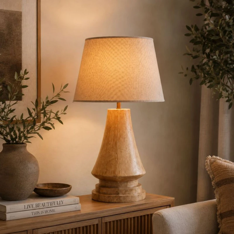 TABLE LAMP MADE OF MANGO WOOD WITH CREAM SHADE D20X40CM