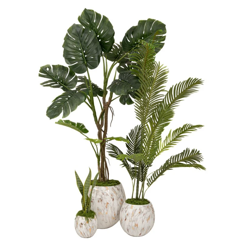 SET 3 FIBERGLASS MARBLE LOOK PLANTER WHITE